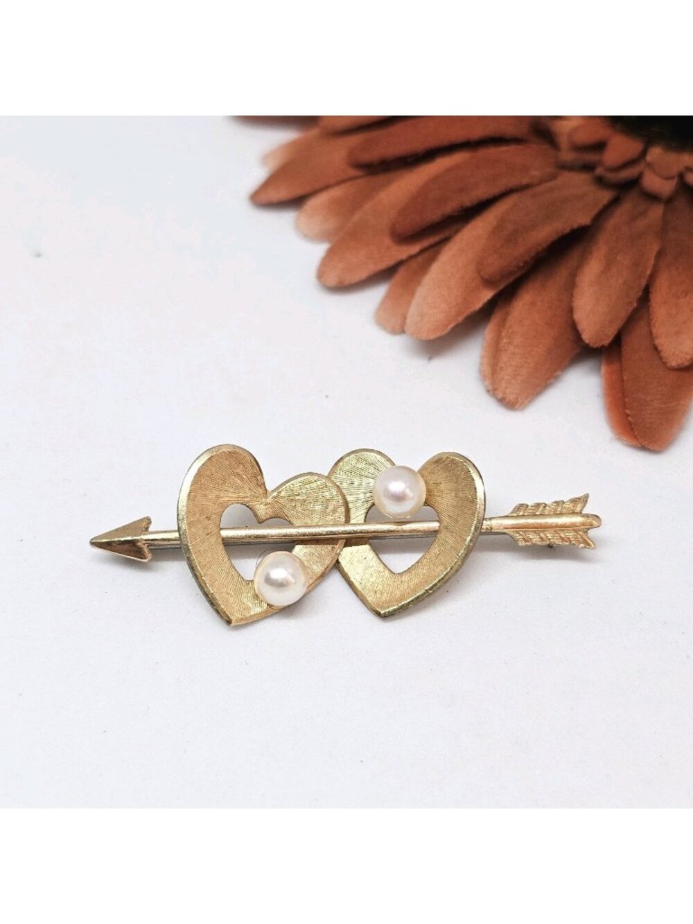 Vintage KEEMENTZ Gold Tone Double Heart Brooch 80s/90s Fx Pearl Love Pin Jewelry